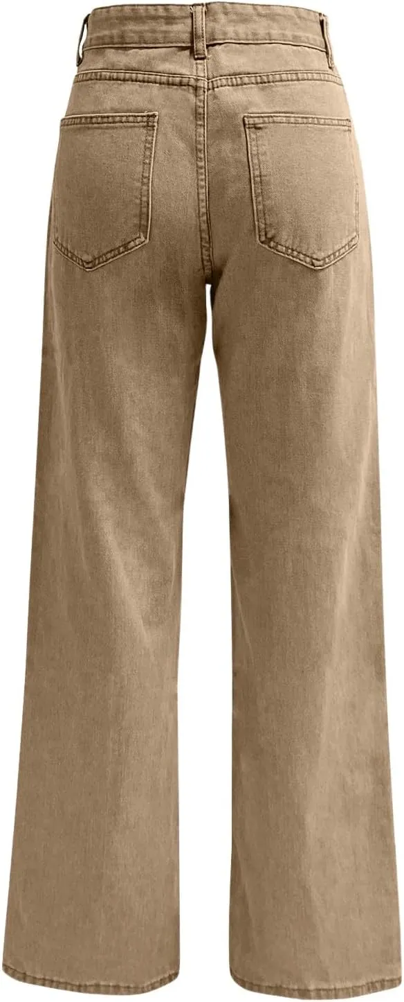 High Rise Jeans for Women Wide Leg Stretchy Pants Straight Leg Loose Denim Tummy Control Trousers with Pockets