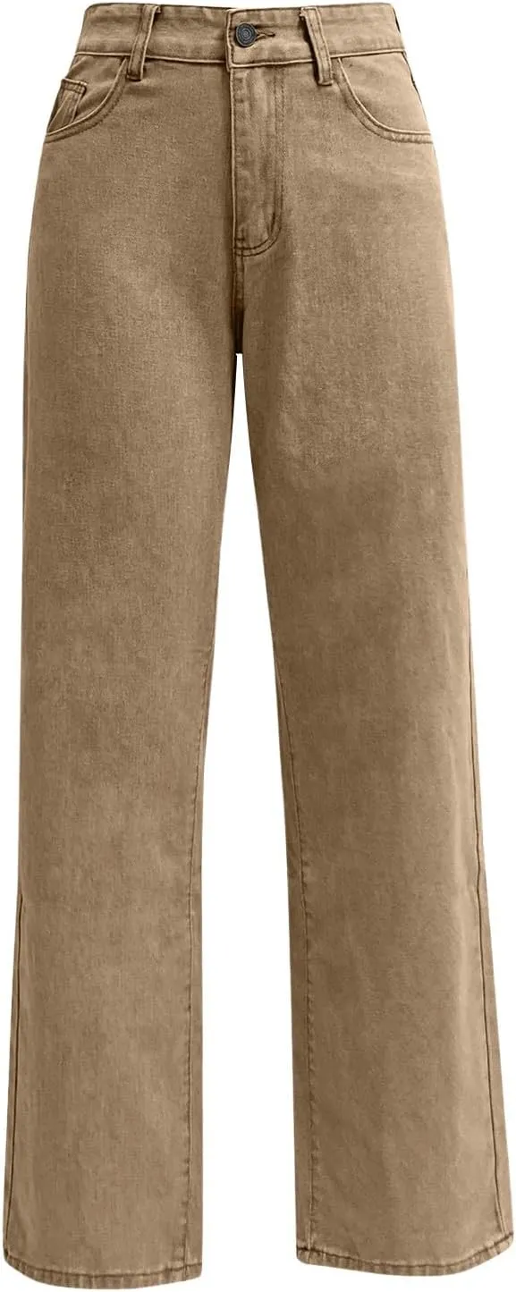 High Rise Jeans for Women Wide Leg Stretchy Pants Straight Leg Loose Denim Tummy Control Trousers with Pockets
