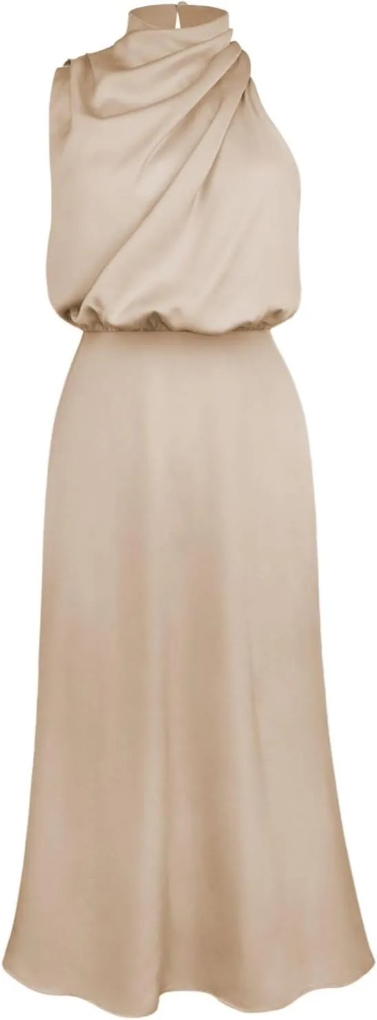 IDOPIP Women Elegant Satin Dress Sleeveless Halter Prom Party Gown Cocktail Bridesmaid Wedding Guest Outfit Formal Maxi Dress