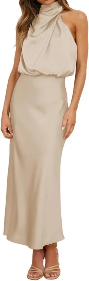 IDOPIP Women Elegant Satin Dress Sleeveless Halter Prom Party Gown Cocktail Bridesmaid Wedding Guest Outfit Formal Maxi Dress