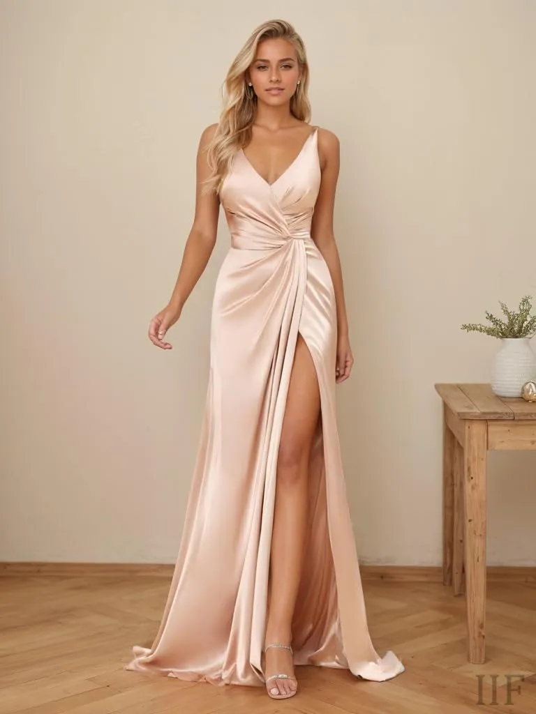 IIF Women's V Neck Bridesmaid Dresses for Wedding Satin Ruched Waist Pleated Formal Party Dress with Slit IIF124