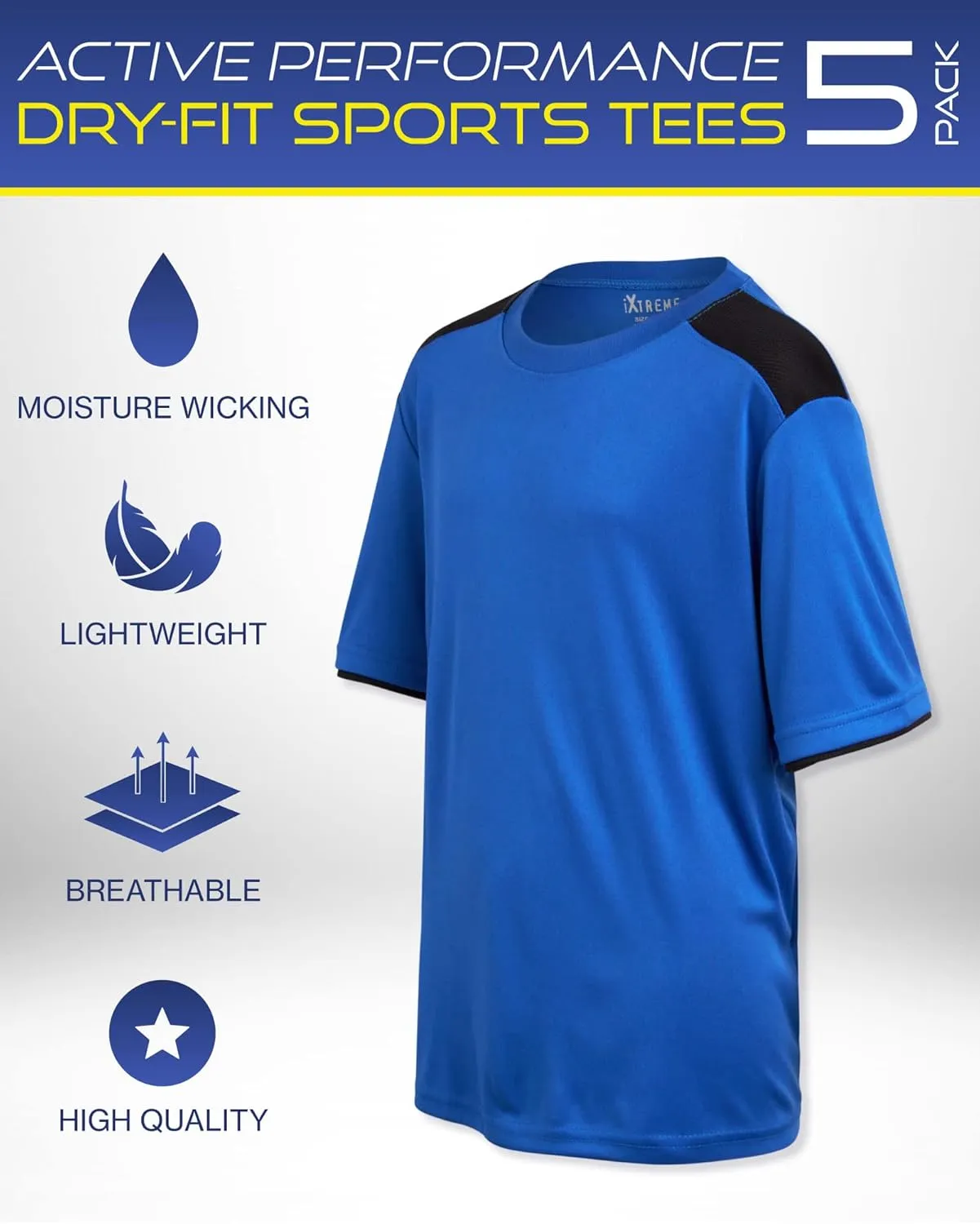 iXtreme Boys Athletic Shirts - 5 Pack Short Sleeve Dry Fit T-Shirts - Moisture Wicking Boys Shirts Summer Clothes (6-18)