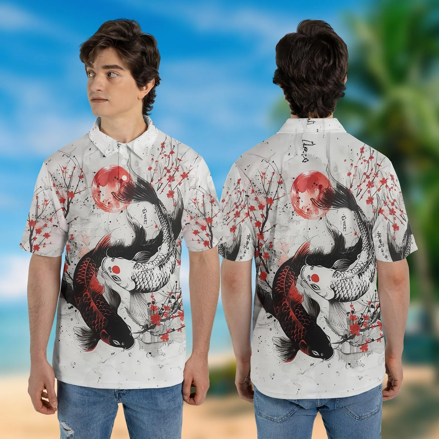 Japanese Koi Polo Shirts for Men Holiday Party- Koi Fish Golf Fit Short Sleeve Polo Shirts S49