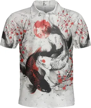 Japanese Koi Polo Shirts for Men Holiday Party- Koi Fish Golf Fit Short Sleeve Polo Shirts S49