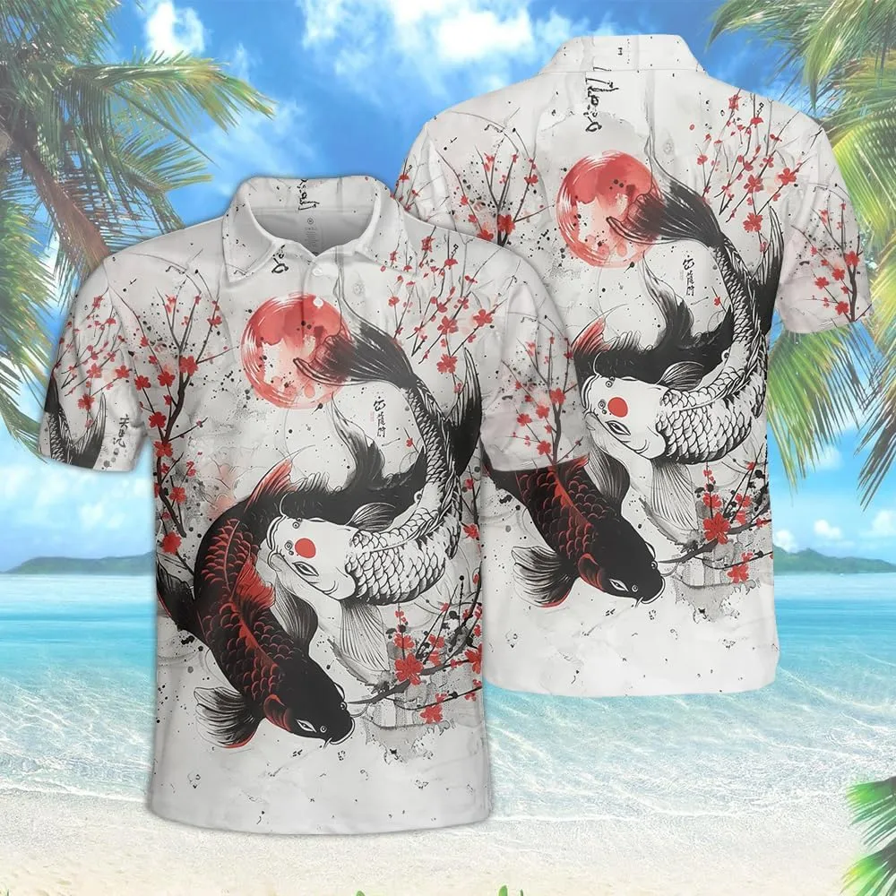 Japanese Koi Polo Shirts for Men Holiday Party- Koi Fish Golf Fit Short Sleeve Polo Shirts S49