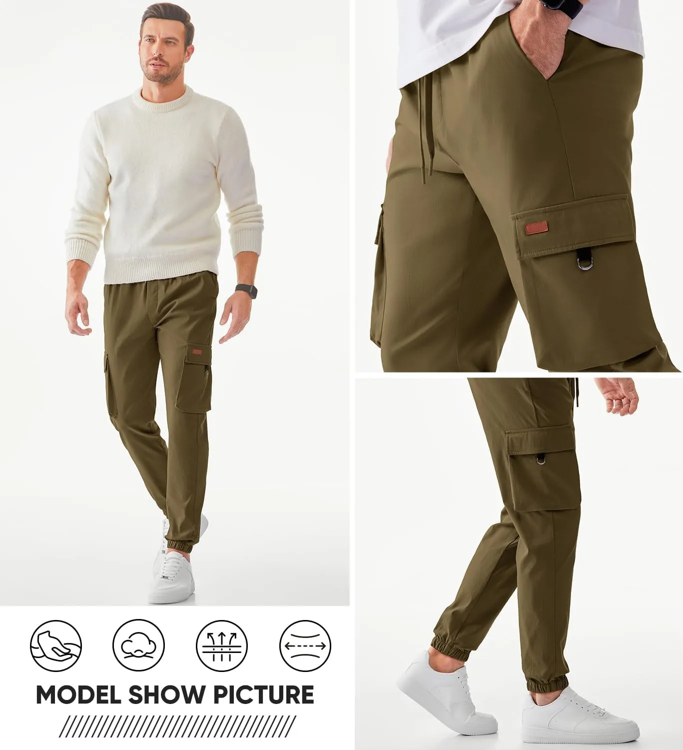 JMIERR Mens Cargo Pants Casual Lightweight Elastic Waist Drawstring Tapered Pant with Pockets