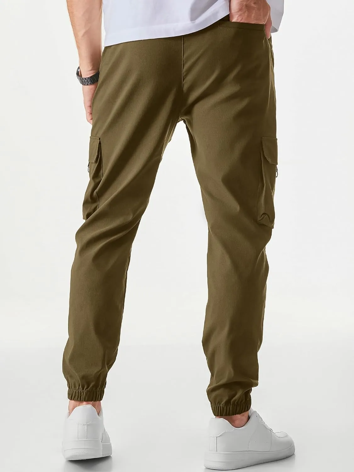 JMIERR Mens Cargo Pants Casual Lightweight Elastic Waist Drawstring Tapered Pant with Pockets