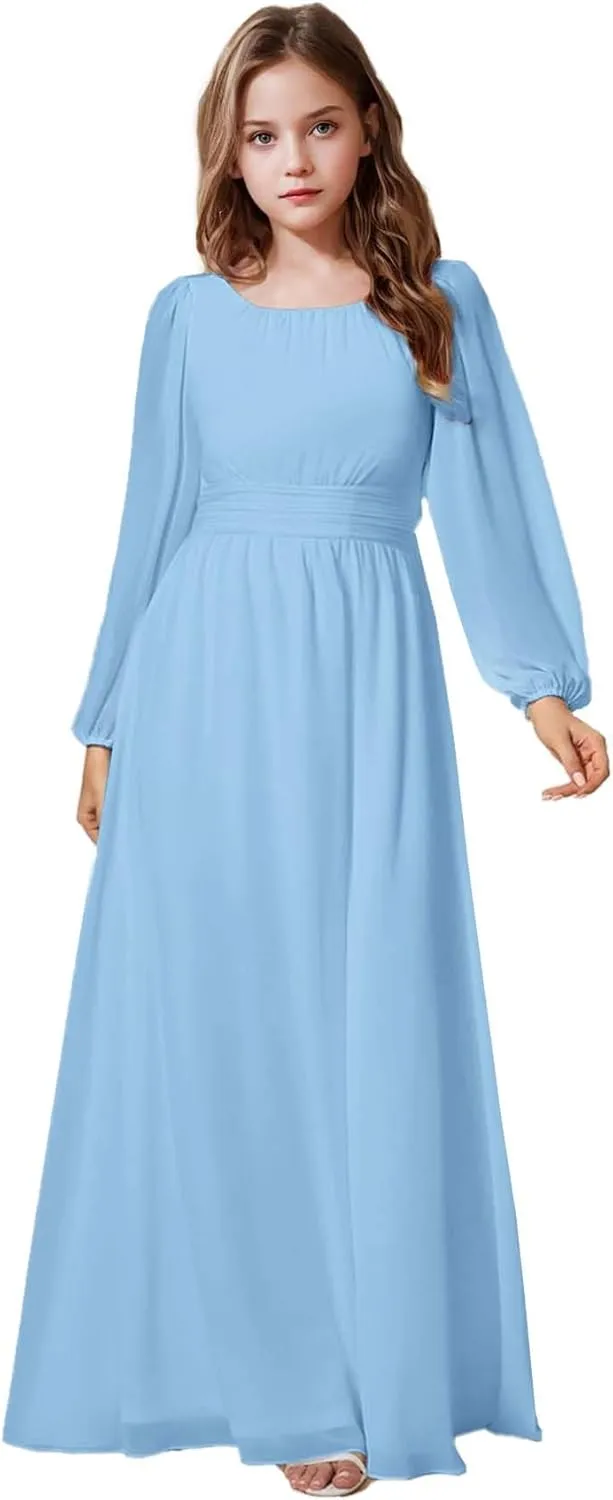 Junior Bridesmaid Dress Long Lantern Sleeves A-Line Chiffon Flower Girl Dress Girls Formal Dress