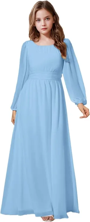 Junior Bridesmaid Dress Long Lantern Sleeves A-Line Chiffon Flower Girl Dress Girls Formal Dress