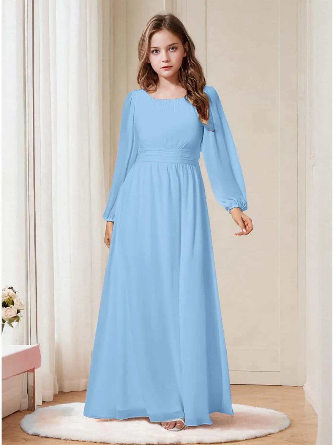 Junior Bridesmaid Dress Long Lantern Sleeves A-Line Chiffon Flower Girl Dress Girls Formal Dress