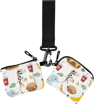 Junk Food Animals Simple Women's Change Wallet Card Cases Slim Detachable Zipper Wallet Coin Bag with Wristlet Strap for Lady 2 Packs