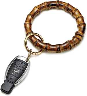 Key Ring Bracelet Natural Bamboo Wristlet Keychain Bracelet Bangle for Women Holder with 3.4" Inner Diameter