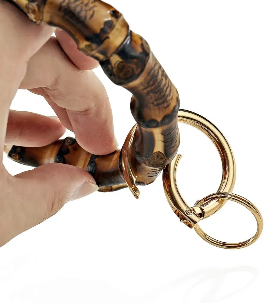 Key Ring Bracelet Natural Bamboo Wristlet Keychain Bracelet Bangle for Women Holder with 3.4" Inner Diameter