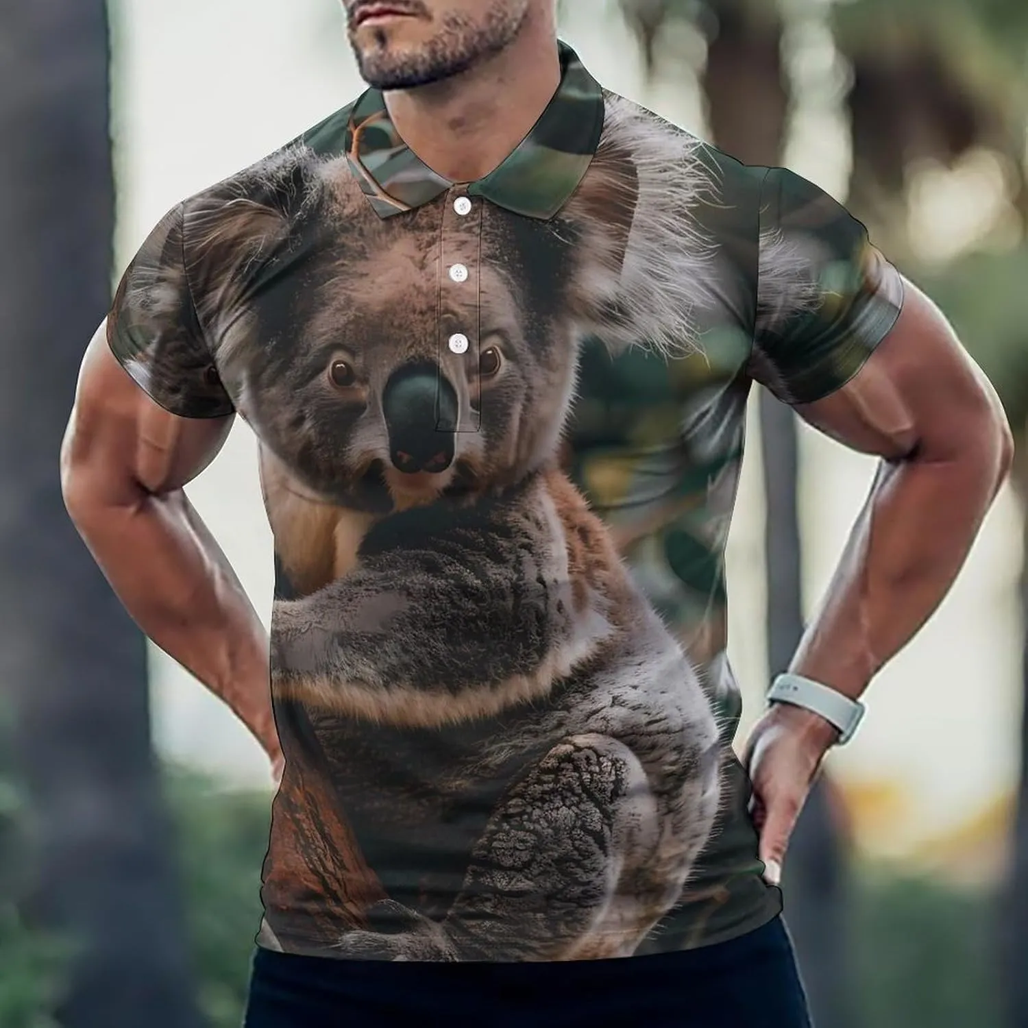 Koala Holding A Branch Mens Polo Shirts Quick Dry Short Sleeve T-shirts Slim Tennis Collared Tees Tops