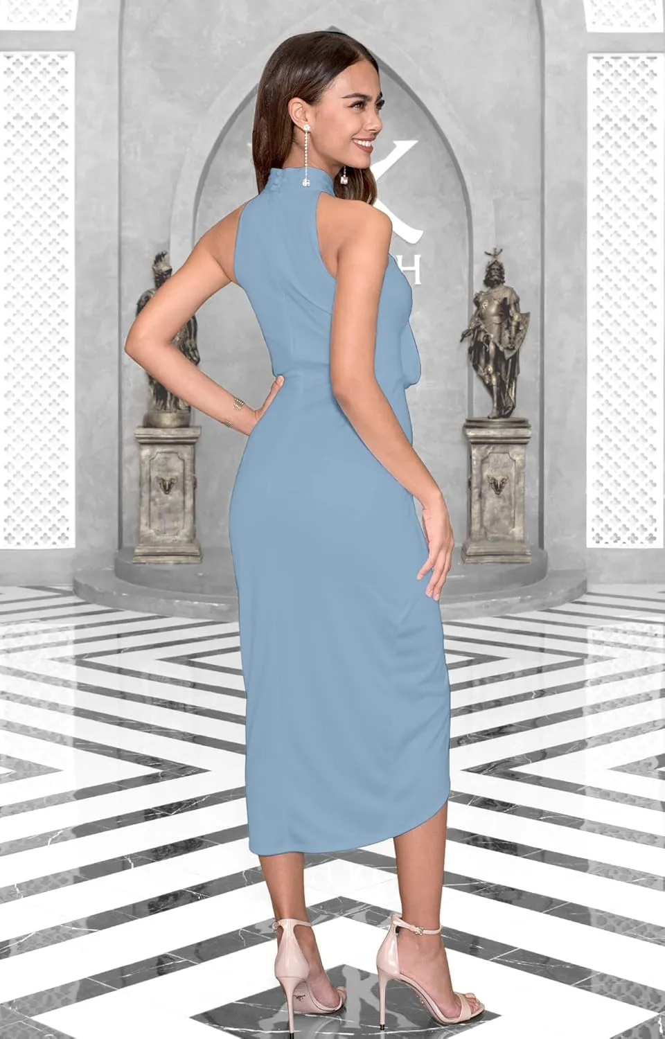 KOH KOH Womens Long Halter Neck Dressy Slit Bridesmaid Wedding Guest Midi Dress