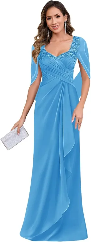 Lace Mother of The Bride Dresses for Women Chiffon Mermaid Cape Sleeve Long Formal Dress for Wedding