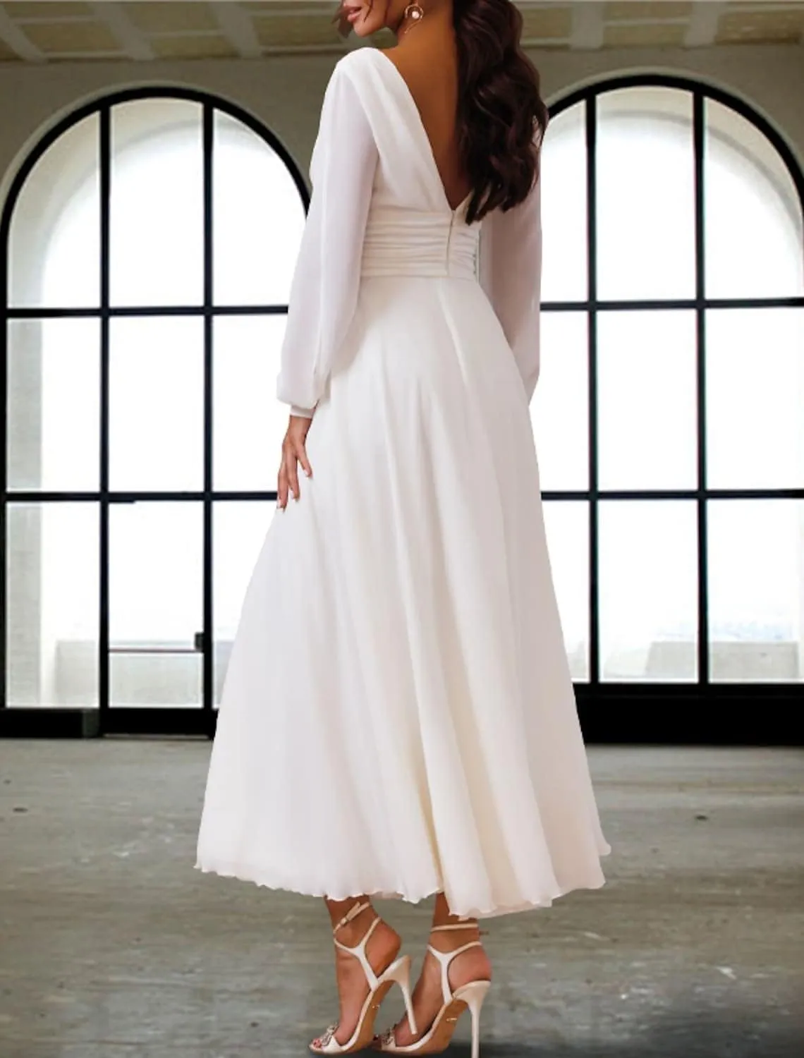 Lace Tea Length Wedding Dresses for Bride A-Line Long Sleeve Bridal Gown Appliques Formal Evening Gowns