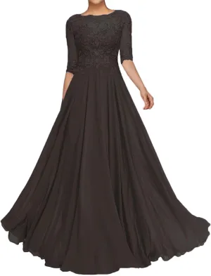 Laces Applique Mother of The Bride Dresses for Wedding A-Line Long Pleated Chiffon Formal Gowns with Sleeve