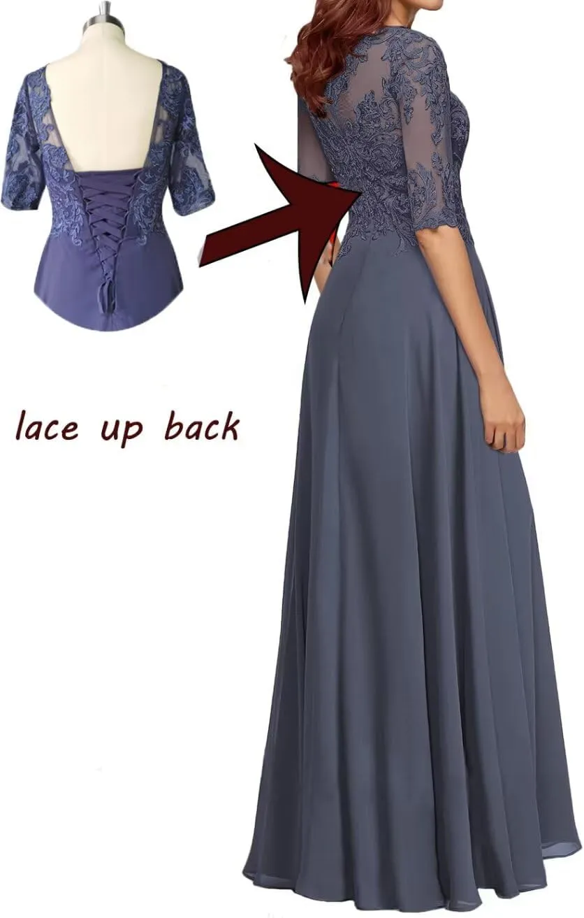Laces Applique Mother of The Bride Dresses for Wedding A-Line Long Pleated Chiffon Formal Gowns with Sleeve