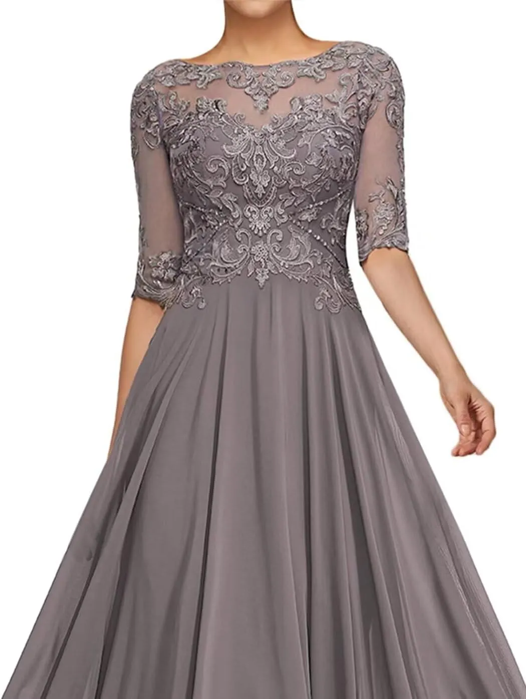 Laces Applique Mother of The Bride Dresses for Wedding A-Line Long Pleated Chiffon Formal Gowns with Sleeve