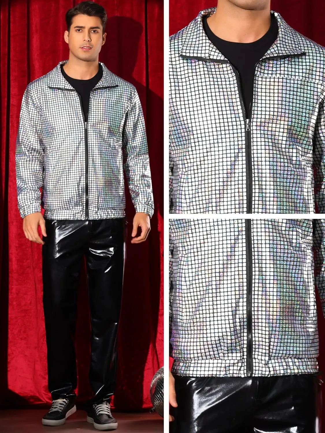 Lars Amadeus Metallic Jacket for Men's Long Sleeve Stand Collar Party Disco Shiny Holographic Jackets
