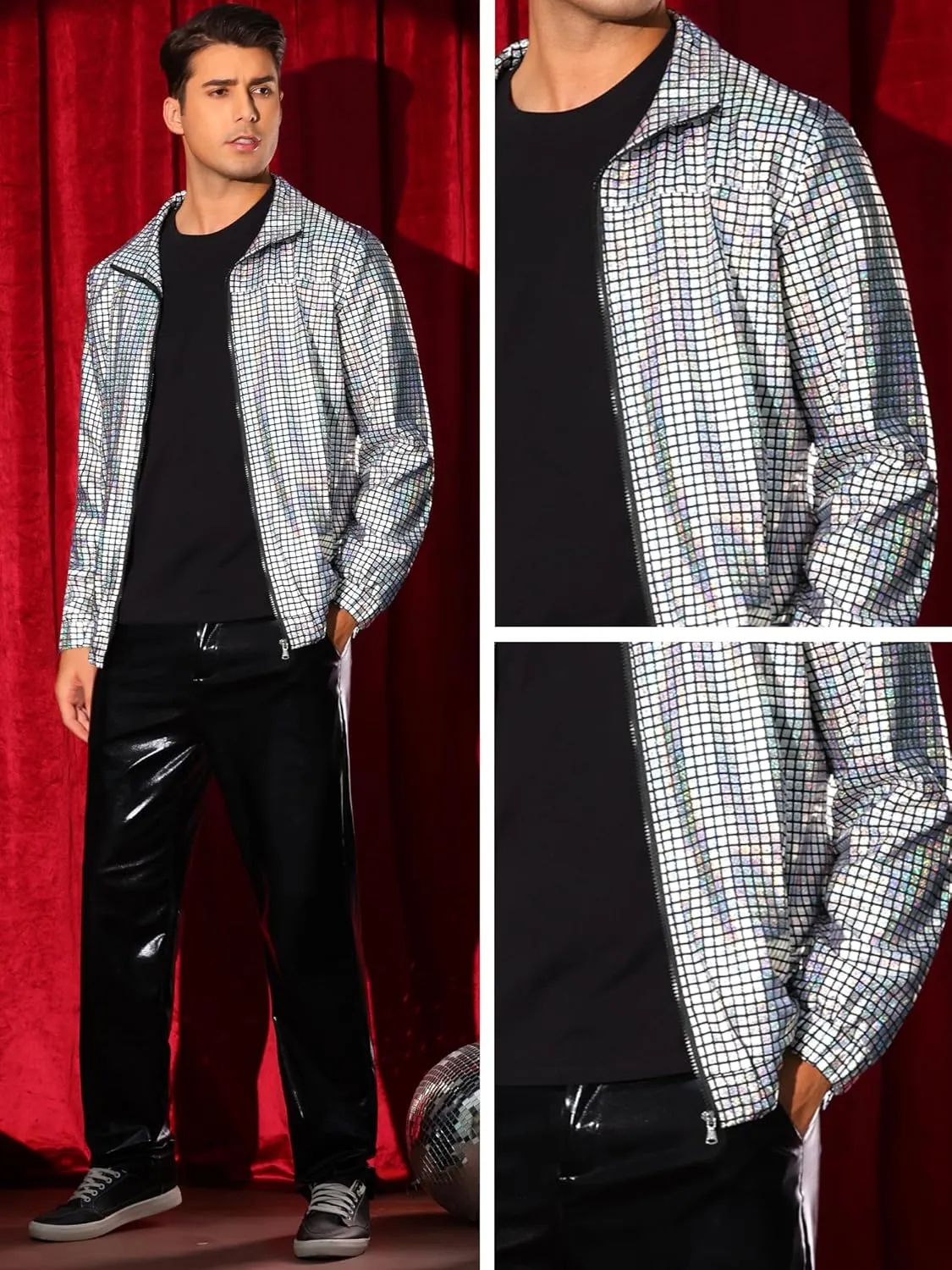 Lars Amadeus Metallic Jacket for Men's Long Sleeve Stand Collar Party Disco Shiny Holographic Jackets
