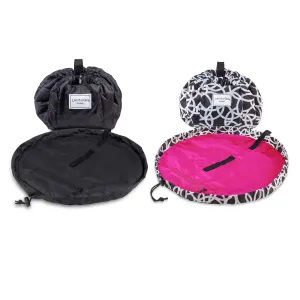 Lay-n-Go Cosmo Drawstring Cosmetic Bag Organizer - Portable Drawstring Makeup Bag w/Zipper Pocket, Loops & More - Machine Washable Makeup Bag for Travel (20", Black/White Rings   Black)