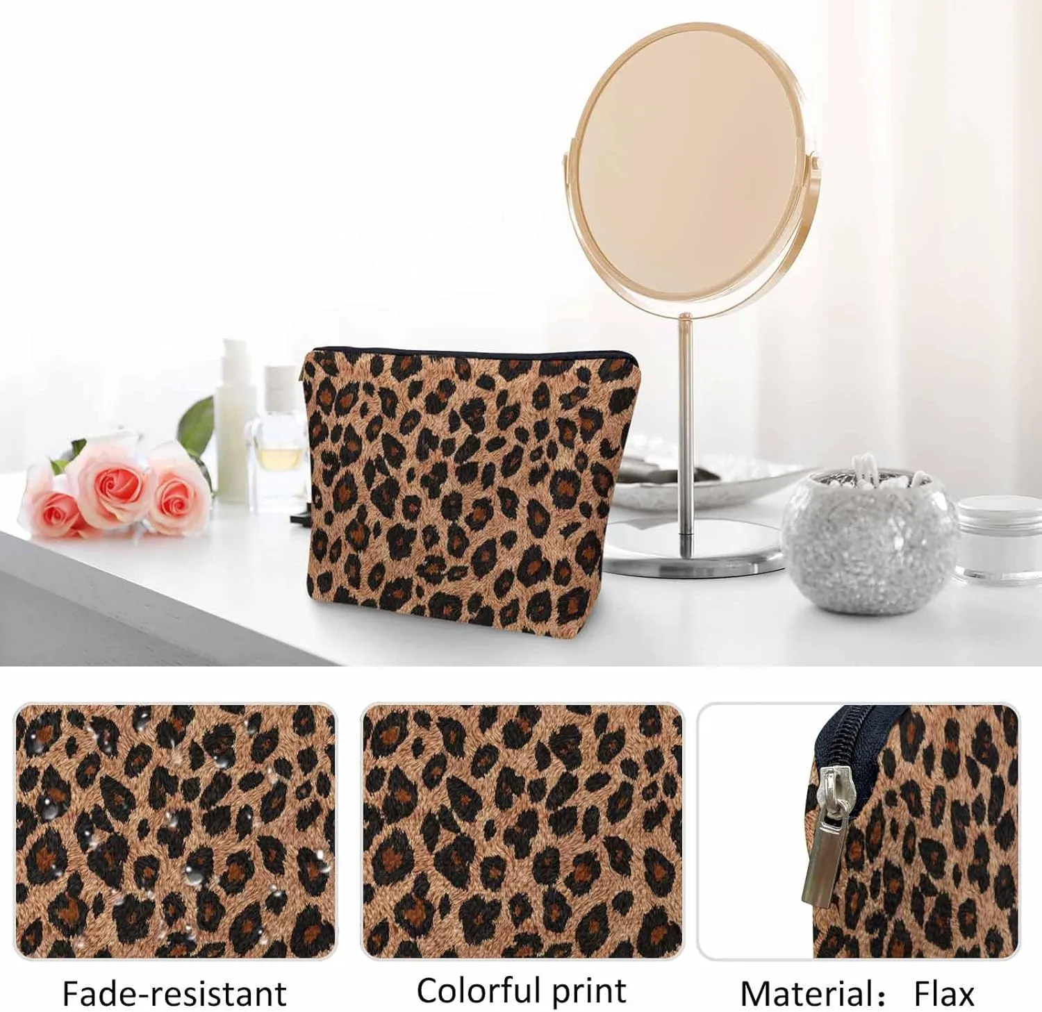 Leopard Print Makeup Organizer Bag Cosmetic Bag For Men Women, Wild Animal Fur Leopard Skin Brown Travel Toiletry Bag Flax Makeup Bags Purse Business Makeup Pouch For Toiletries Cosmetics