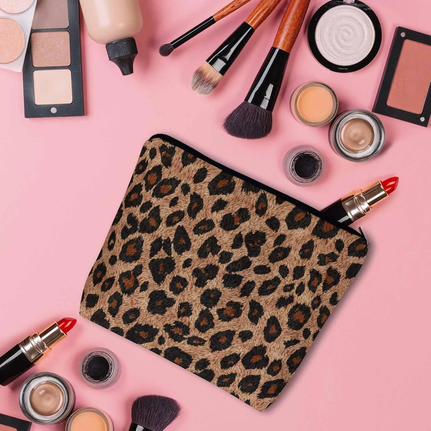 Leopard Print Makeup Organizer Bag Cosmetic Bag For Men Women, Wild Animal Fur Leopard Skin Brown Travel Toiletry Bag Flax Makeup Bags Purse Business Makeup Pouch For Toiletries Cosmetics
