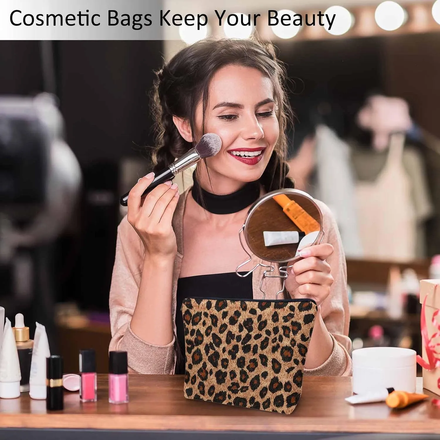 Leopard Print Makeup Organizer Bag Cosmetic Bag For Men Women, Wild Animal Fur Leopard Skin Brown Travel Toiletry Bag Flax Makeup Bags Purse Business Makeup Pouch For Toiletries Cosmetics