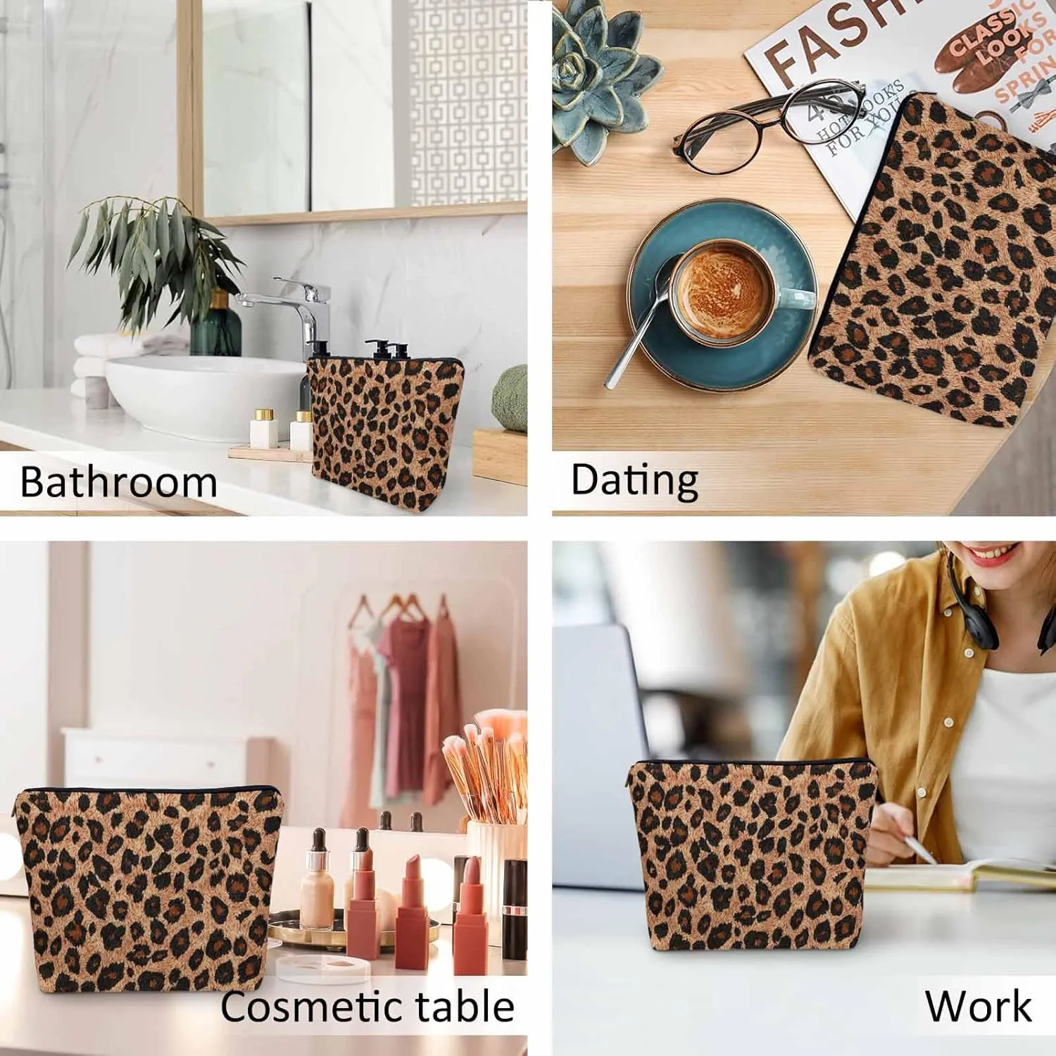 Leopard Print Makeup Organizer Bag Cosmetic Bag For Men Women, Wild Animal Fur Leopard Skin Brown Travel Toiletry Bag Flax Makeup Bags Purse Business Makeup Pouch For Toiletries Cosmetics