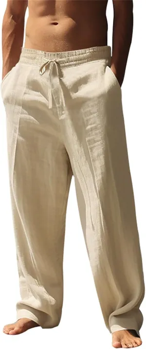 Linen Pants for Men Loose Fit Summer Elastic Waist Wide Leg Men's Pants Dress Drawstring Beach Casual Lounge Trousers