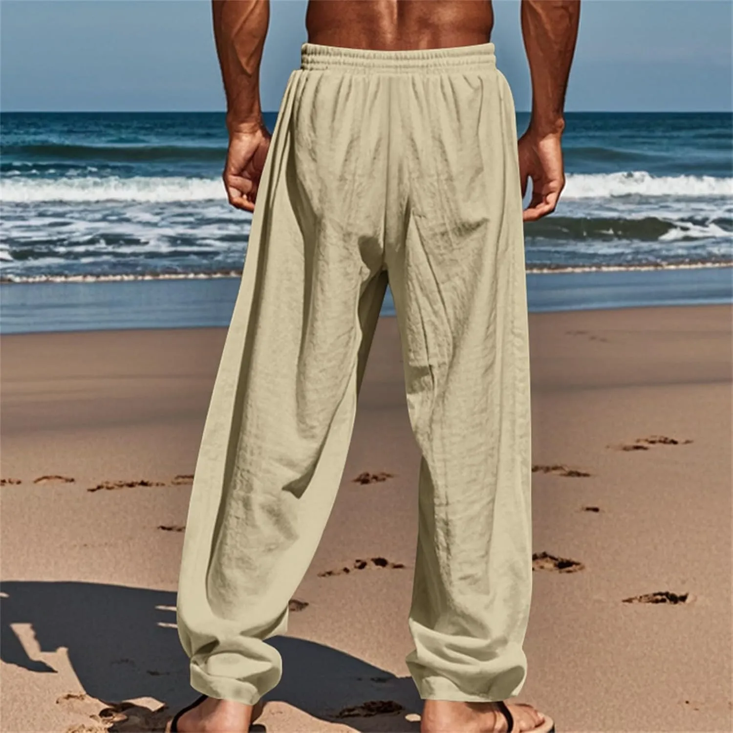 Linen Pants for Men Loose Fit Summer Elastic Waist Wide Leg Men's Pants Dress Drawstring Beach Casual Lounge Trousers