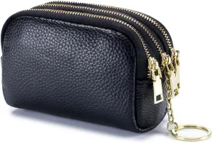 LINNO 3 Zippered Genuine Leather Coin Purse Triple Capacity Change Pouch Little Travel Wallet With Key Ring for Women
