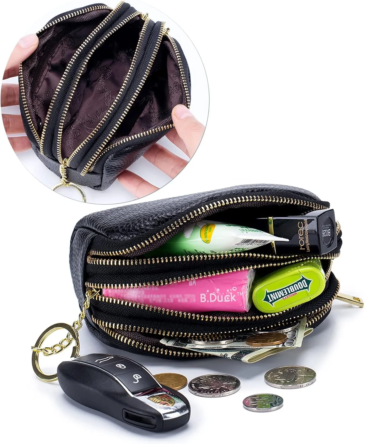 LINNO 3 Zippered Genuine Leather Coin Purse Triple Capacity Change Pouch Little Travel Wallet With Key Ring for Women