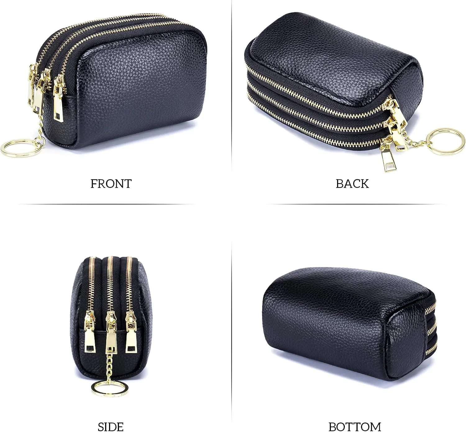 LINNO 3 Zippered Genuine Leather Coin Purse Triple Capacity Change Pouch Little Travel Wallet With Key Ring for Women