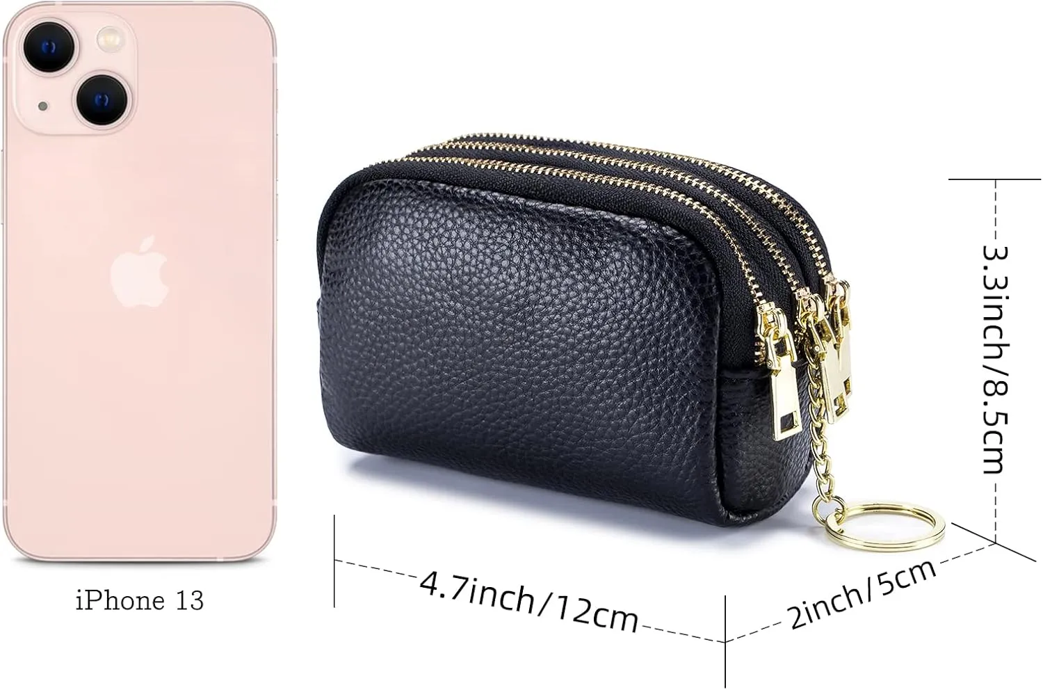 LINNO 3 Zippered Genuine Leather Coin Purse Triple Capacity Change Pouch Little Travel Wallet With Key Ring for Women