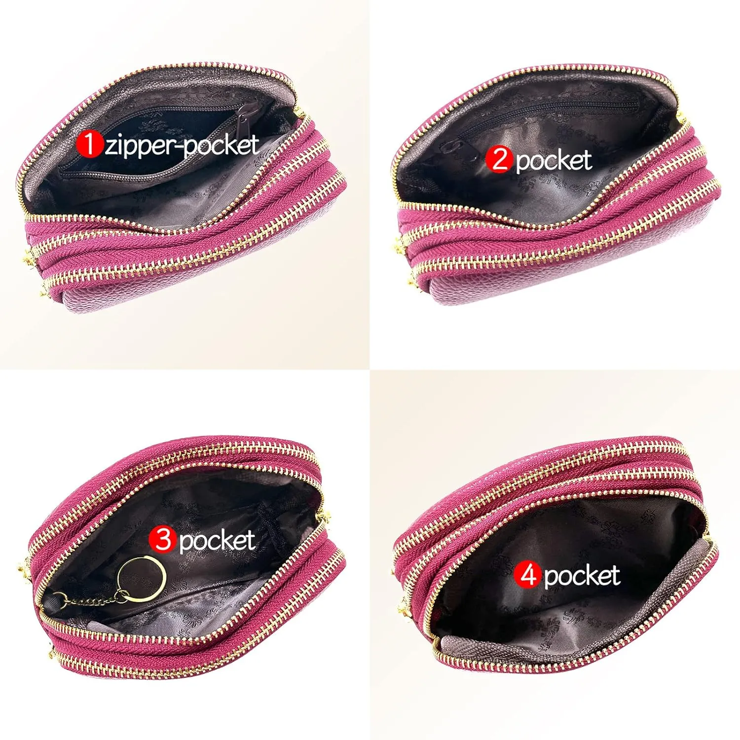 LINNO 3 Zippered Genuine Leather Coin Purse Triple Capacity Change Pouch Little Travel Wallet With Key Ring for Women