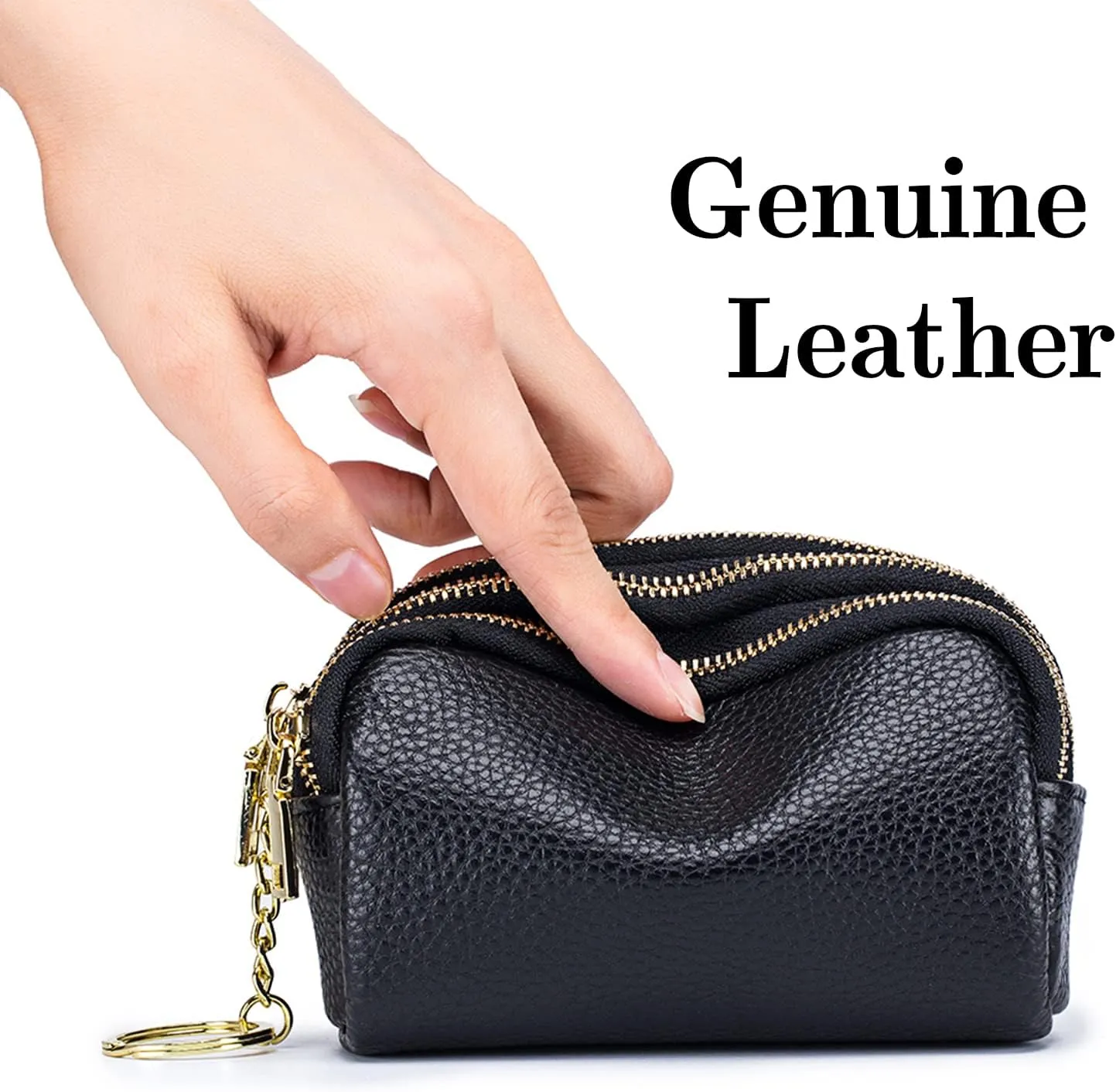 LINNO 3 Zippered Genuine Leather Coin Purse Triple Capacity Change Pouch Little Travel Wallet With Key Ring for Women