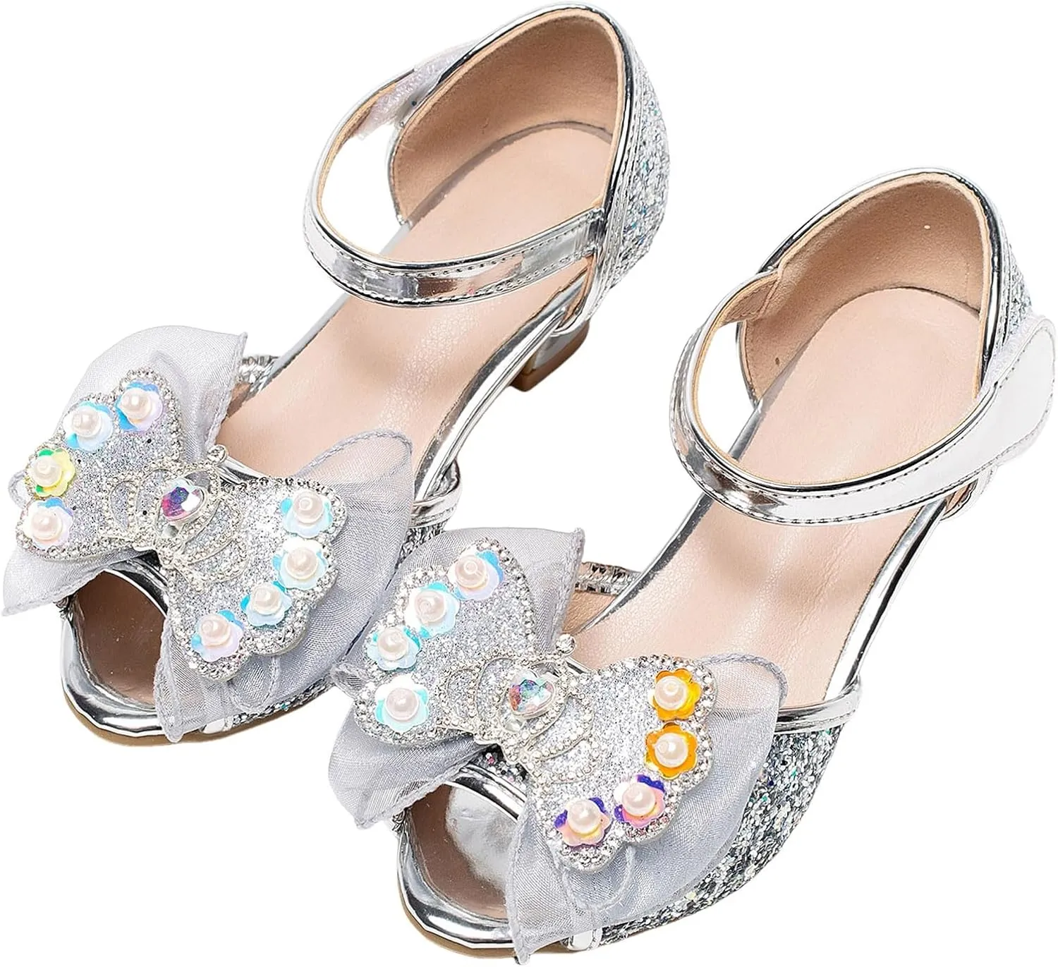 Little Girl Easter Summer Dress Shoes Bowknot Princess Shoes Little Girl Performance Dress High Heels Children's Fish Mouth Hollow Sandals Leather and Glitter Straps