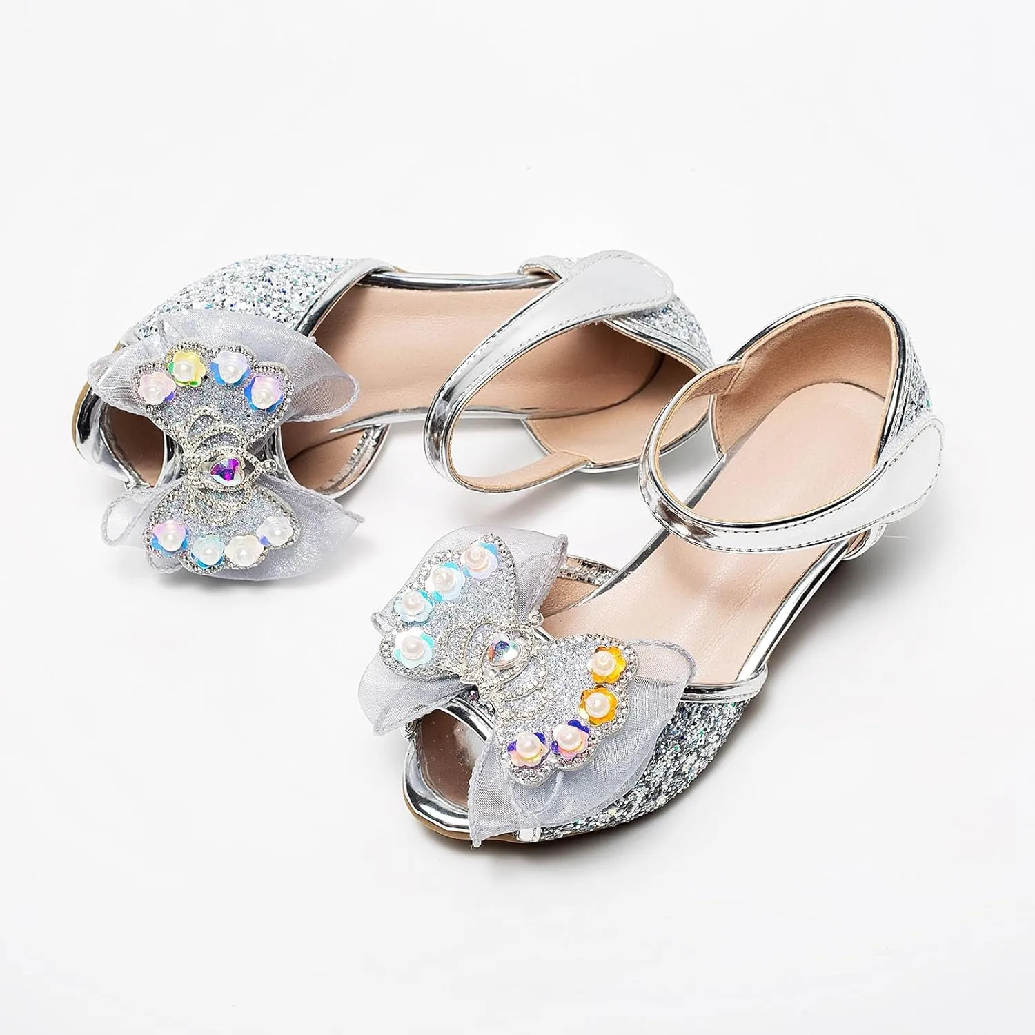 Little Girl Easter Summer Dress Shoes Bowknot Princess Shoes Little Girl Performance Dress High Heels Children's Fish Mouth Hollow Sandals Leather and Glitter Straps