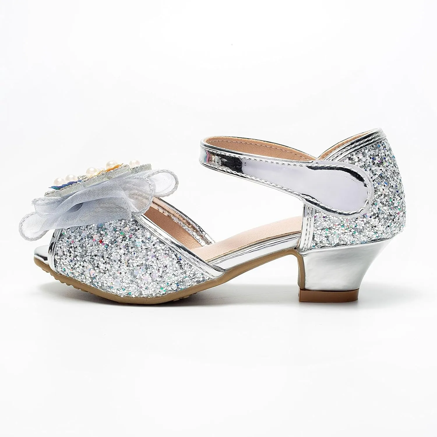 Little Girl Easter Summer Dress Shoes Bowknot Princess Shoes Little Girl Performance Dress High Heels Children's Fish Mouth Hollow Sandals Leather and Glitter Straps