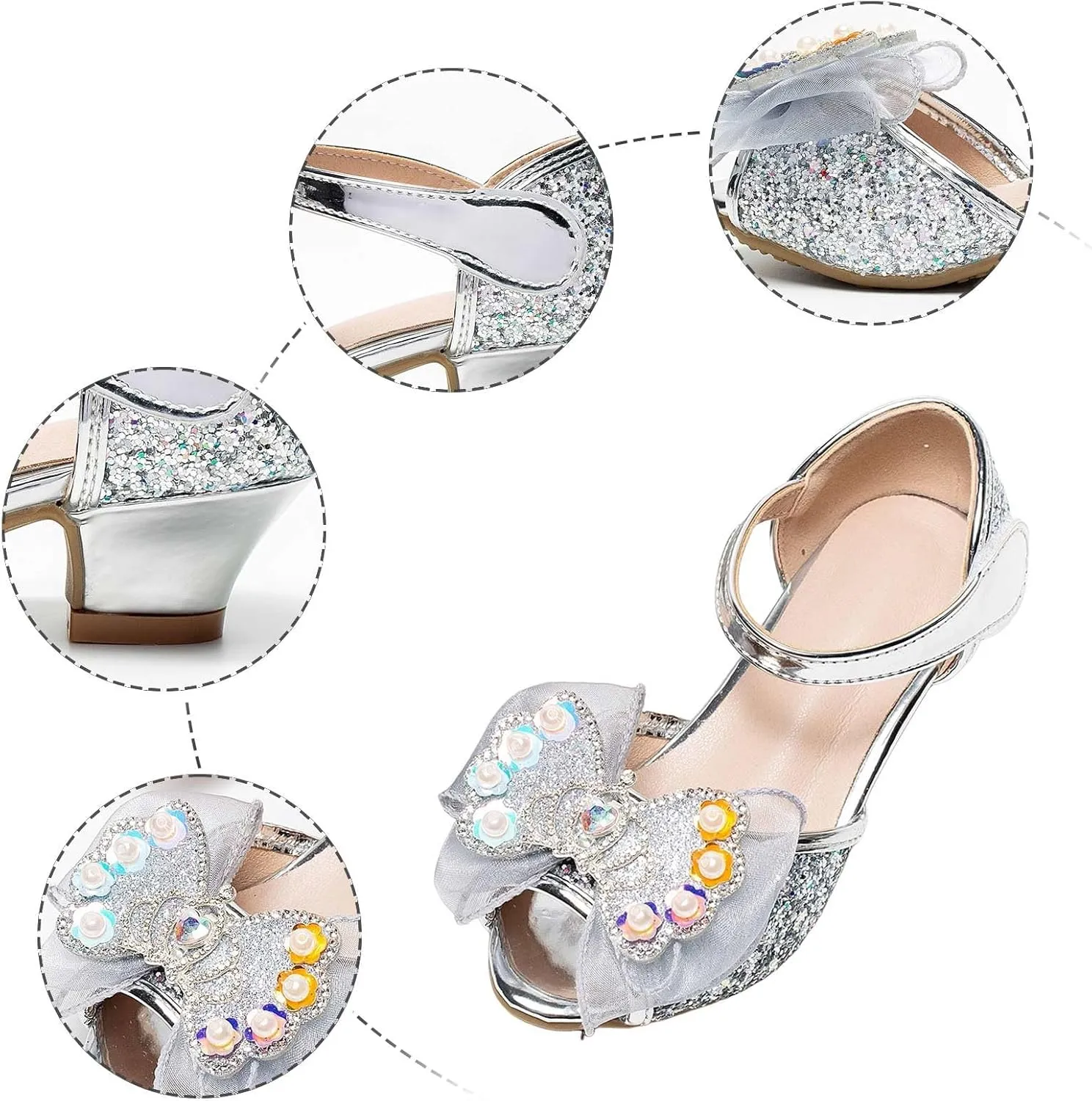 Little Girl Easter Summer Dress Shoes Bowknot Princess Shoes Little Girl Performance Dress High Heels Children's Fish Mouth Hollow Sandals Leather and Glitter Straps