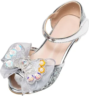Little Girl Easter Summer Dress Shoes Bowknot Princess Shoes Little Girl Performance Dress High Heels Children's Fish Mouth Hollow Sandals Leather and Glitter Straps