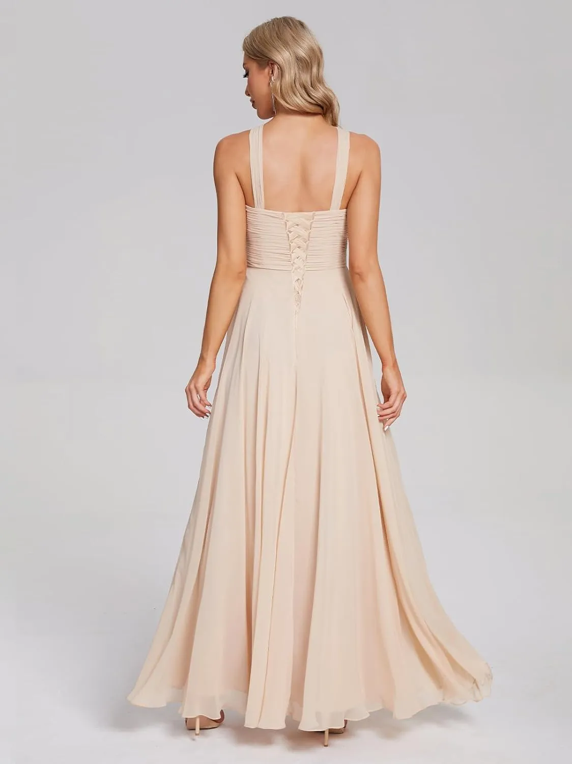 Long Bridesmaid Dresses for Women 2025 Ruffly Chiffon Formal Gown Halter Wedding Guest Dress SY16