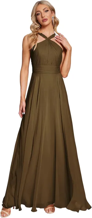 Long Bridesmaid Dresses for Women 2025 Ruffly Chiffon Formal Gown Halter Wedding Guest Dress SY16