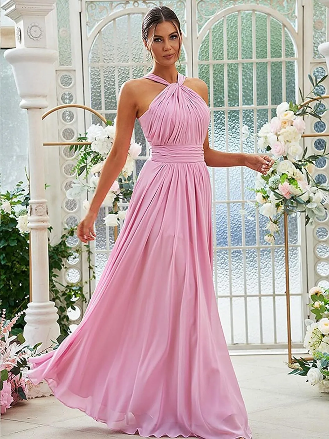 Long Bridesmaid Dresses for Women 2025 Ruffly Chiffon Formal Gown Halter Wedding Guest Dress SY16