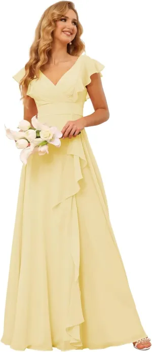 Long Chiffon Bridesmaid Dresses for Women V Neck Ruffled Split Long Formal Evening Dress