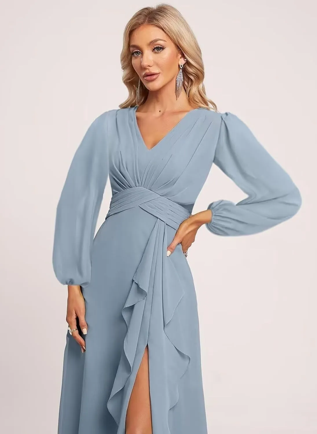 Long Sleeve Bridesmaid Dress with Ruffles Split Prom Dress A-Line Chiffon Formal Party Gowns with Pockets NSY008