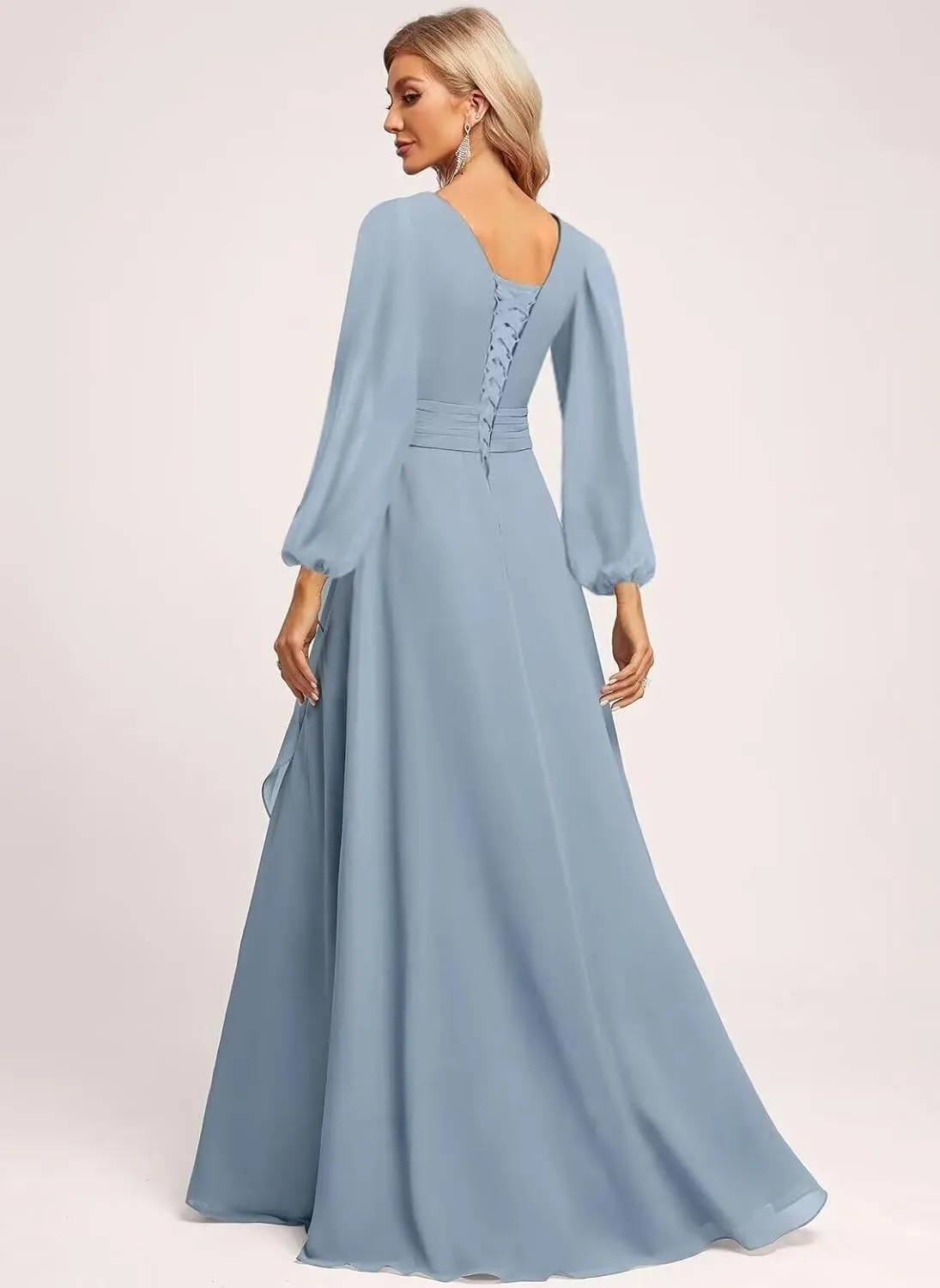 Long Sleeve Bridesmaid Dress with Ruffles Split Prom Dress A-Line Chiffon Formal Party Gowns with Pockets NSY008